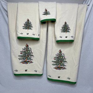 Spode Christmas Towels Set 5 Pcs White With Green Trim 2 Bath 2 Hand 1 Wash